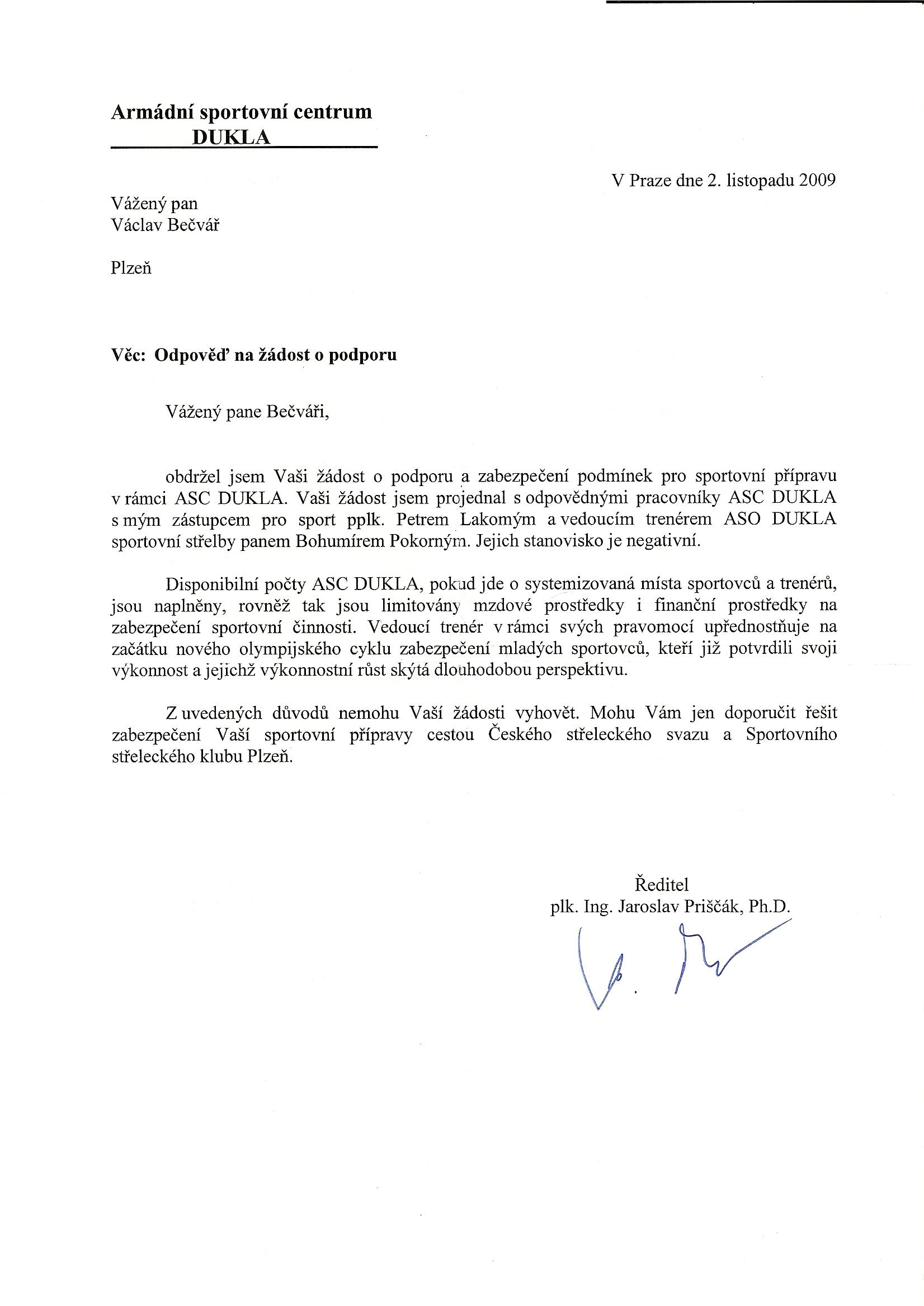 Odpověd na žádost o podporu ASC Dukla Praha 09