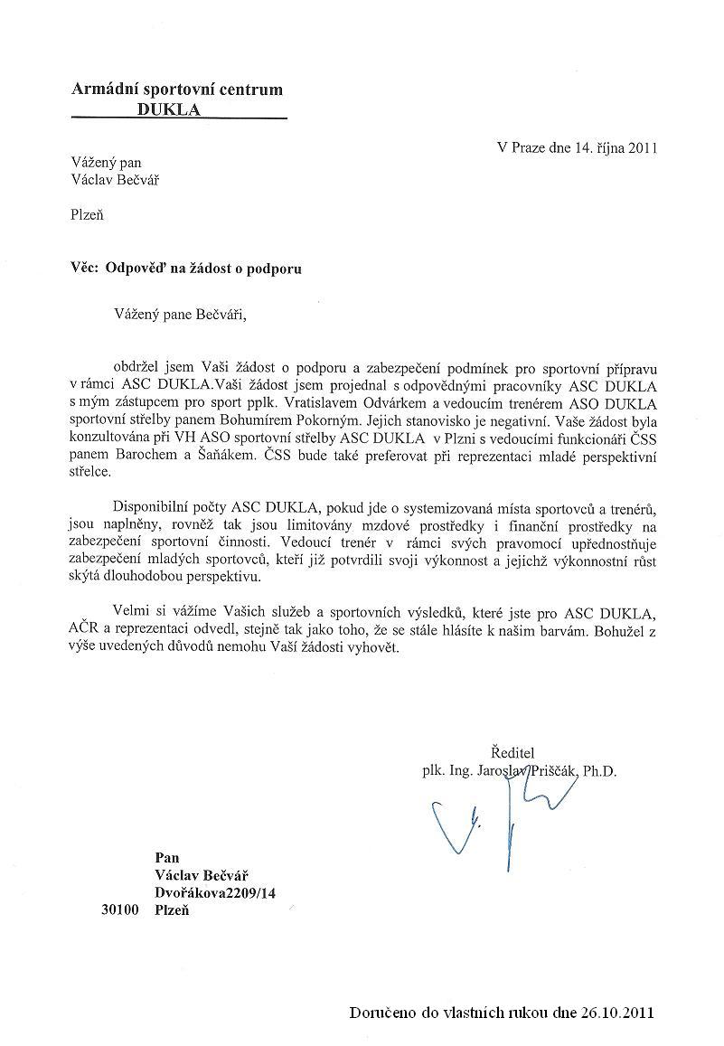 Odpověď na žádost o podporu ASC Dukly Praha 2011